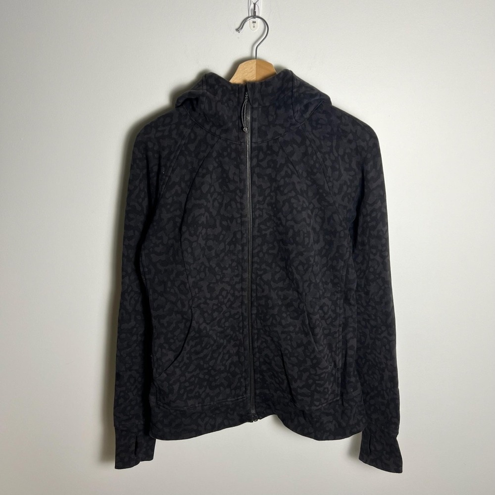 Lululemon Hoodie Womens 10 Black Scuba Full Zip Fleece Animal Print Logo